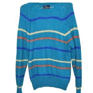 Vintage Teal Striped Blue Yellow Orange Arrow Sweater Grandpacore Size Medium